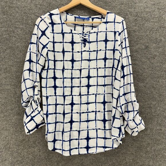 Apt. 9 Blouse Women S Small White Plaid Long Sleeve Round Neck Pullover Casual - Picture 1 of 7